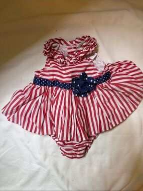Little Me Red and White Striped Baby Dress with Navy Star Trim 3m